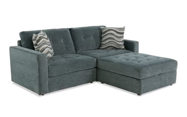 Contemporary Modular Bob® Spa Blue 86" 3-piece storage loveseat set with light blue polyester fabric, memory foam cushions, and hidden storage ottoman.