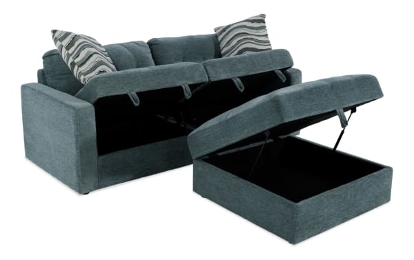 Modular Bob® Spa Blue 86" 3-piece contemporary storage loveseat set in light blue polyester fabric, featuring left and right arm facing storage chairs and a storage ottoman with memory foam cushions.
