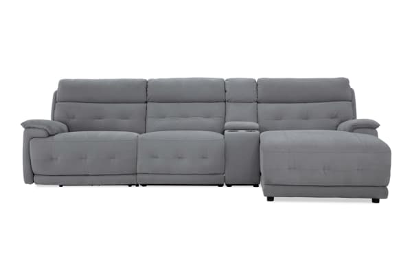 Contemporary Rumor Gray 127" power reclining 4-piece sectional with right arm facing chaise, armless chair, gray polyester fabric upholstery, power headrests, cup holders, USB ports, and Bob-O-Pedic memory foam cushions.