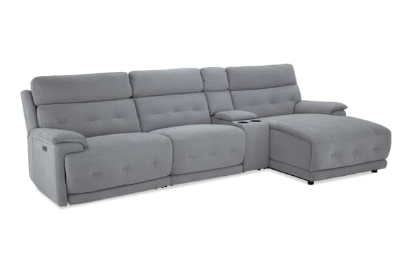 Rumor Gray 127'' power reclining 4-piece sectional with right arm chaise, armless chair, power headrest, gray polyester fabric, wood frame, cup holders, USB ports, contemporary style.