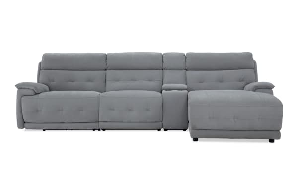 Rumor Gray 127'' power reclining 4-piece sectional with right arm chaise, armless recliner, power headrests, cup holders, storage, and USB ports in gray polyester fabric.