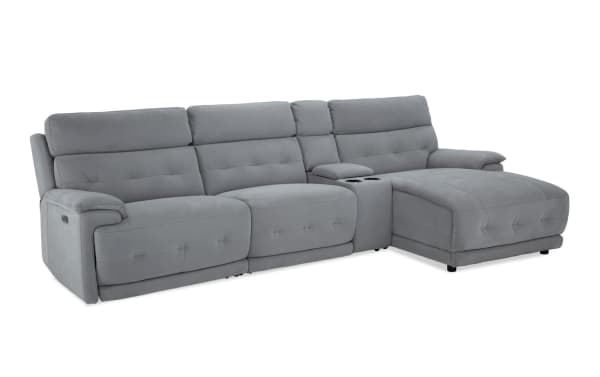 Rumor Gray 127'' power reclining 4-piece sectional with right arm facing chaise, armless recliner, gray polyester fabric, contemporary style, storage, cup holders, USB ports, and power headrests.