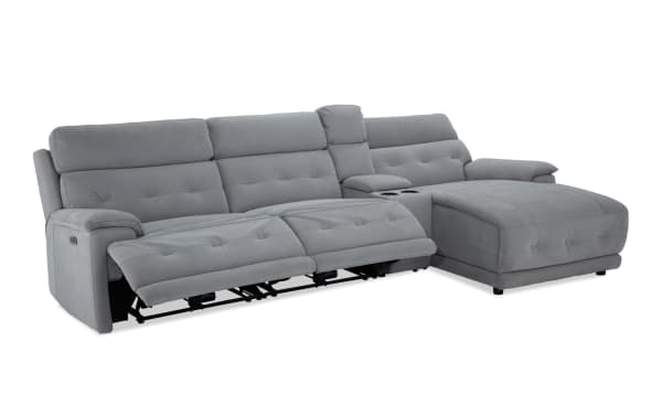 Rumor Gray 127'' power reclining sectional with right arm chaise, armless recliner, gray polyester fabric upholstery, power headrest, cup holders, and USB ports, contemporary style.