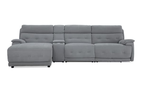 Rumor Gray 127'' power reclining 4-piece sectional with left arm chaise, armless recliner, power headrests, USB ports, gray polyester fabric upholstery, contemporary style.