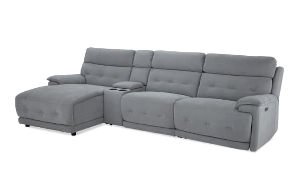 Gray Rumor collection 127'' power reclining sectional with left arm chaise, armless recliner, power headrests, cup holders, storage, and USB ports, upholstered in polyester fabric with contemporary cushion arms.