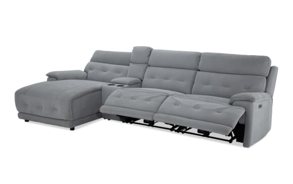 Rumor Gray 127'' power reclining 4-piece sectional with left arm chaise, armless recliner, power headrest, gray polyester fabric upholstery, cup holders, USB ports, and contemporary cushion arms.