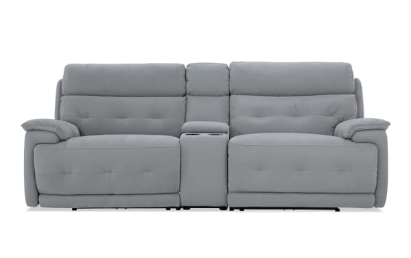 Contemporary Rumor Gray 95'' Power Reclining Console Loveseat with power headrests, cup holders, USB ports, and gray polyester fabric upholstery.