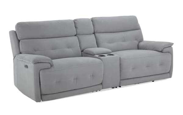 Rumor Gray 95'' Power Reclining Console Loveseat in contemporary gray polyester fabric with power headrests, cup holders, storage, and USB ports.