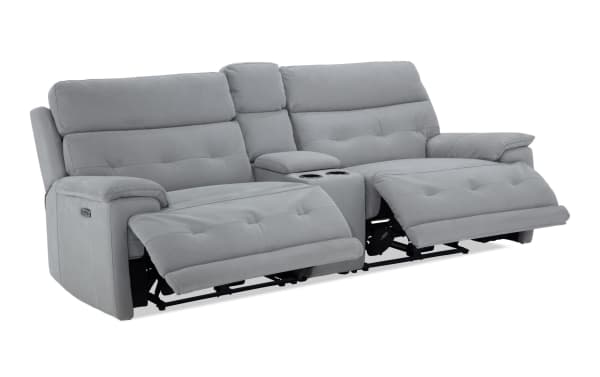 Gray Rumor 95'' power reclining console loveseat with power headrest, polyester fabric upholstery, built-in USB ports, cup holders, and memory foam cushions in contemporary style.