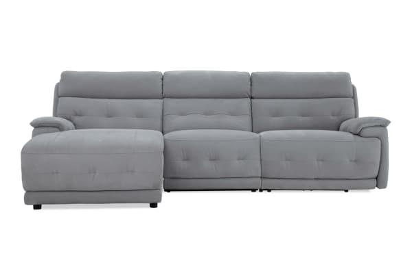 Contemporary Rumor Gray 114'' power reclining 3-piece sectional with left arm chaise, armless chair, power headrest, gray polyester fabric upholstery, and plush cushion arms.