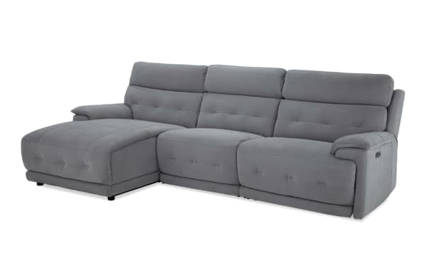 Contemporary Rumor Gray 114'' power reclining sectional with left arm chaise, armless chair, power headrest, gray polyester fabric upholstery.