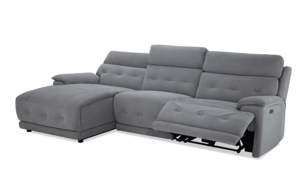 Rumor Gray 114'' power reclining 3-piece sectional with left arm chaise, armless chair, power headrest, gray polyester fabric, contemporary style.