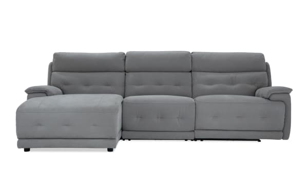 Contemporary Rumor Gray 114" power reclining 3-piece sectional with left arm chaise, armless recliner, power headrests, and gray polyester fabric upholstery.