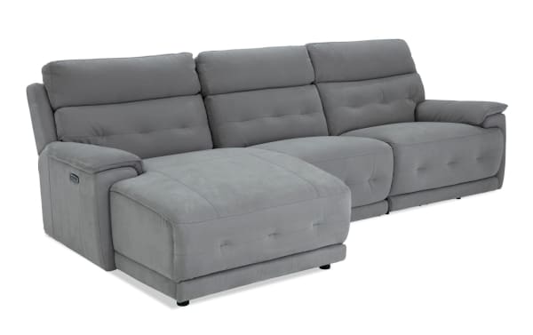 Contemporary Rumor Gray 114" power reclining 3-piece sectional with left arm chaise, gray polyester fabric, power headrests, and plush cushioning.