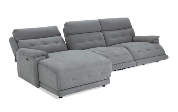 Rumor Gray 114'' power reclining 3-piece sectional with left arm chaise, armless recliner, power headrest, gray polyester fabric upholstery, contemporary style.