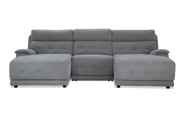 Contemporary Rumor Gray 115'' power reclining 3-piece dual chaise sectional with gray polyester fabric upholstery, power headrests, and memory foam cushions.