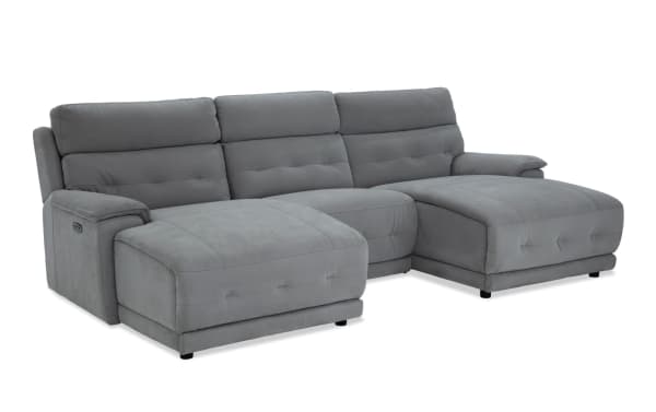 Rumor Gray 115'' power reclining 3-piece dual chaise sectional with power headrest, gray polyester fabric upholstery, contemporary style.