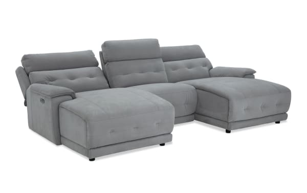 Rumor Gray 115'' power reclining 3-piece dual chaise sectional with power headrest, gray polyester fabric upholstery, contemporary style, wood frame.