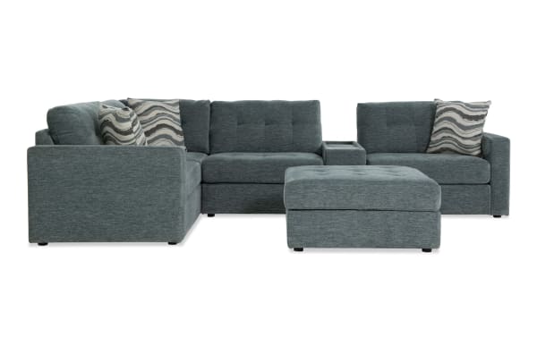 Contemporary Modular Bob® Spa Blue 129" 6-piece fabric sectional with storage seats, console with USB ports, corner unit, and storage ottoman.