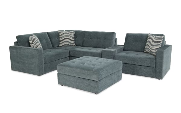 Modular Bob® Spa Blue 129" 6-piece contemporary sectional with light blue polyester fabric, memory foam cushions, storage seats, console with USB ports, and storage ottoman.