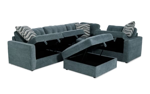 Modular Bob® Spa Blue 129" 6-piece contemporary sectional in light blue polyester fabric with memory foam cushions, storage seats, console with USB ports, and storage ottoman.