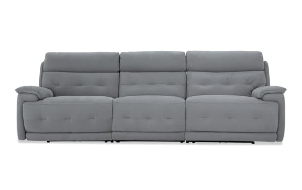 Rumor Gray 113'' power reclining sofa with armless chair and power headrest in gray polyester fabric, featuring contemporary cushion arms and plush memory foam upholstery.