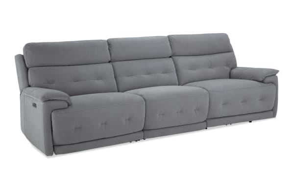 Rumor Gray 113'' power reclining sofa with armless chair and power headrest in gray polyester fabric. Contemporary style with plush cushions and USB ports.