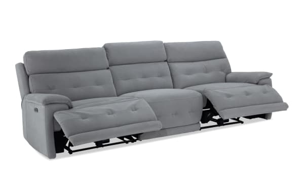Rumor Gray 113'' power reclining sofa with armless chair and power headrest in gray polyester fabric, featuring contemporary cushion arms and memory foam seating.