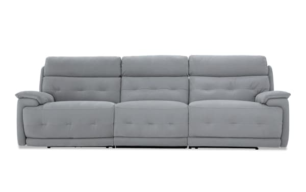 Rumor Gray 113'' power reclining sofa in contemporary style with gray polyester fabric upholstery, power headrests, and cushioned arms.