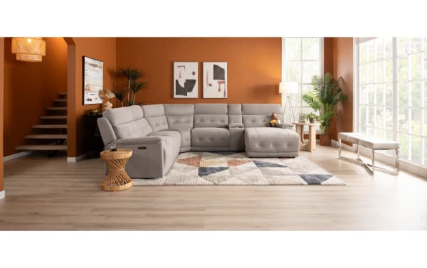 Rumor Gray 113'' power reclining sectional sofa with armless recliner, power headrests, gray polyester fabric upholstery, cup holders, USB ports, and contemporary cushion arms.