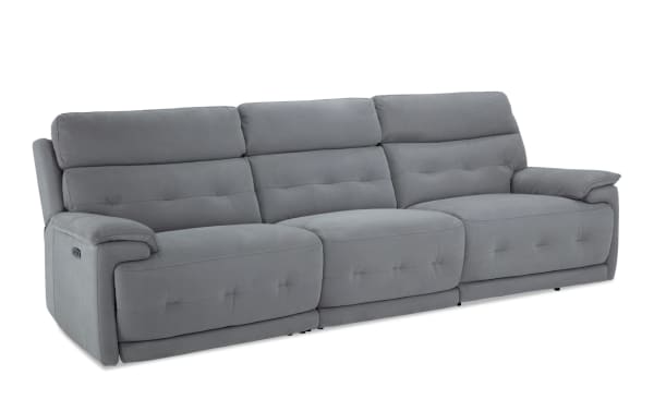 Contemporary Rumor Gray 113'' power reclining sofa with armless recliner, power headrest, gray polyester fabric upholstery, and plush cushioned arms.