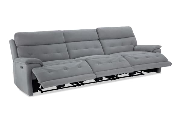 Rumor Gray 113'' power reclining sofa with armless recliner and power headrest, gray polyester fabric upholstery, contemporary style, plush cushioned seats.