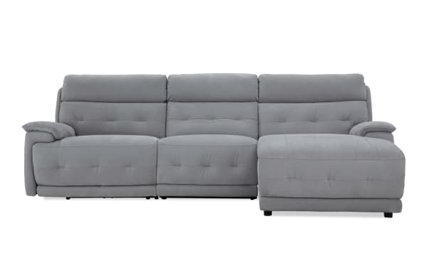 Contemporary Rumor Gray 114'' power reclining 3-piece sectional with right arm facing chaise, armless chair, power headrest, gray polyester fabric upholstery.