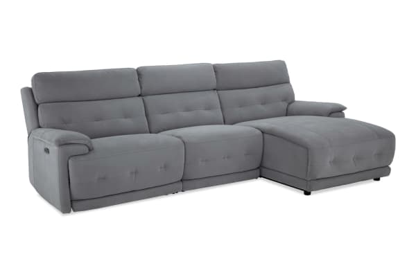 Contemporary Rumor Gray 114" power reclining sectional with right arm chaise, armless chair, polyester fabric upholstery, wood frame, and power headrests.