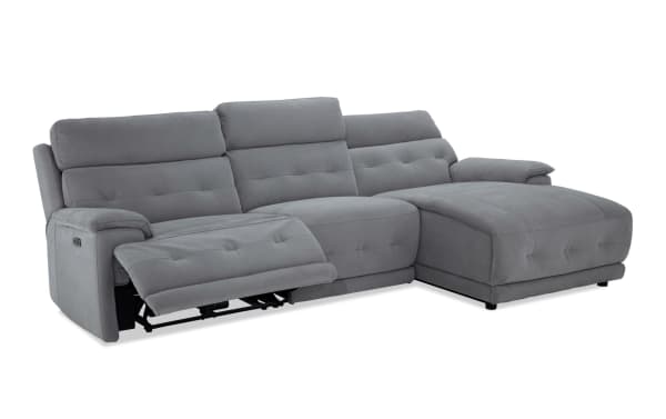 Rumor Gray 114'' power reclining 3-piece sectional with right arm chaise, armless chair, gray polyester fabric upholstery, power headrests, and contemporary style.