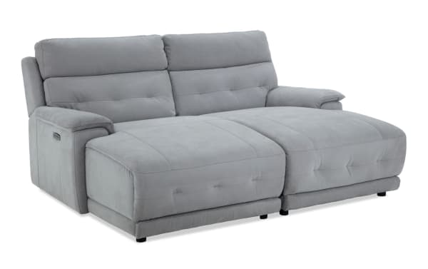 Rumor Gray 84'' power reclining dual chaise sectional sofa in gray polyester fabric with power headrests, contemporary cushion arms, and memory foam cushions.