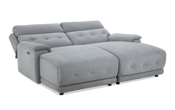 Rumor Gray 84'' Power Reclining Dual Chaise sofa in gray polyester fabric with power headrests, USB ports, and contemporary cushion arms.