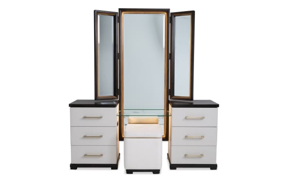 Contempo Ivory & Espresso 6 Drawer Vanity Set with pine solids, birch veneers, glass mirror, faux leather stool, USB ports, and felt-lined drawers.