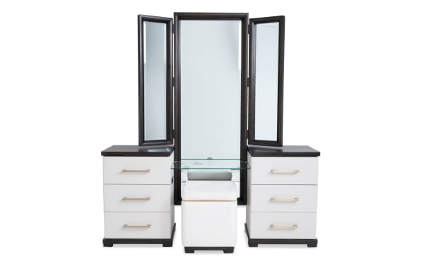 Contempo Ivory & Espresso 6 Drawer Vanity Set with tri-fold mirror, faux leather upholstered stool, pine solids, birch veneers, and USB ports.