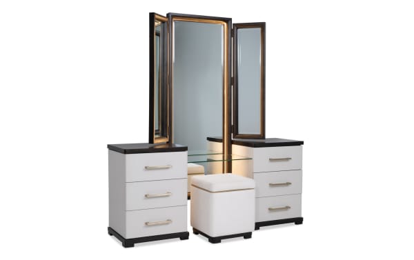 Contempo Ivory & Espresso 6 Drawer Vanity Set with pine solids, birch veneers, glass mirror, faux leather stool, USB ports, and felt-lined drawers.