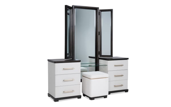 Contempo Ivory & Espresso 6 Drawer Vanity Set with tri-fold mirror, glass shelf, faux leather memory foam stool, pine solids, birch veneers, and USB ports.