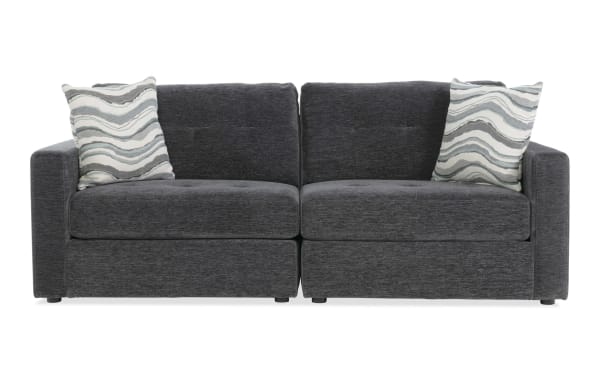 Contemporary Modular Bob® charcoal 86" 2-piece storage loveseat with left and right arm facing storage chairs, soft polyester fabric upholstery.