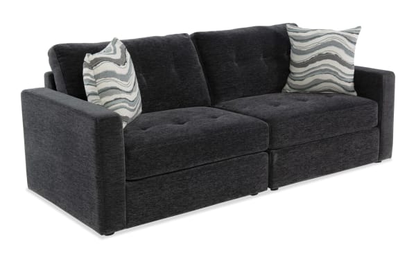 Charcoal gray Modular Bob® 86" contemporary 2-piece loveseat with left and right arm facing storage chairs, soft polyester fabric upholstery, and memory foam cushions.