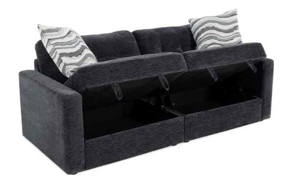 Contemporary Modular Bob® Charcoal 86'' 2-piece storage loveseat with left and right arm facing storage chairs, charcoal polyester fabric upholstery, memory foam cushions.