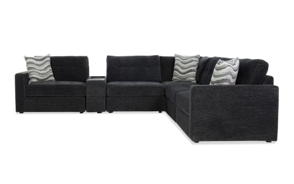 Charcoal gray Modular Bob® 6-piece contemporary sectional with polyester fabric upholstery, memory foam cushions, storage seats, console with drawer and USB ports.