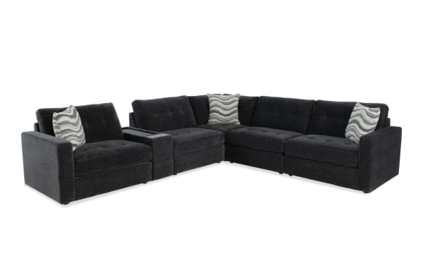 Contemporary Modular Bob® Charcoal 117" 6-piece storage sectional in gray polyester fabric, featuring armless chairs, console with storage and USB ports, corner unit, and memory foam cushions for customizable living room seating.