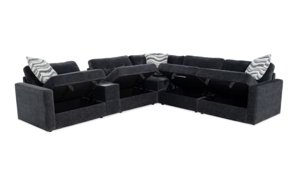 Modular Bob® Charcoal 117'' 6-piece contemporary sectional with charcoal polyester fabric, memory foam cushions, storage seats, console with drawer and USB ports.