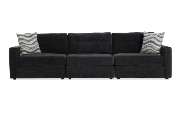 Charcoal Modular Bob® 123" 3-piece contemporary storage sofa with armless, left and right arm facing chairs, soft polyester fabric upholstery.