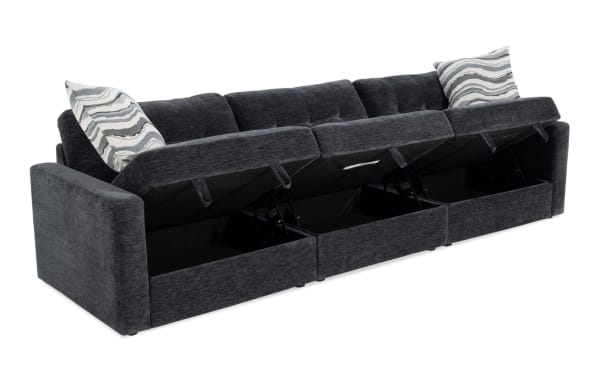 Charcoal Modular Bob® 123" 3-piece contemporary storage sofa with armless, left and right arm facing chairs, polyester fabric upholstery, memory foam cushions, and under-seat storage compartments.
