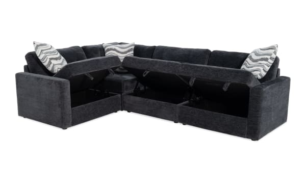 Modular Bob® Charcoal 80'' 4 Piece Storage Sectional in contemporary gray polyester fabric with memory foam cushions and built-in seat storage.